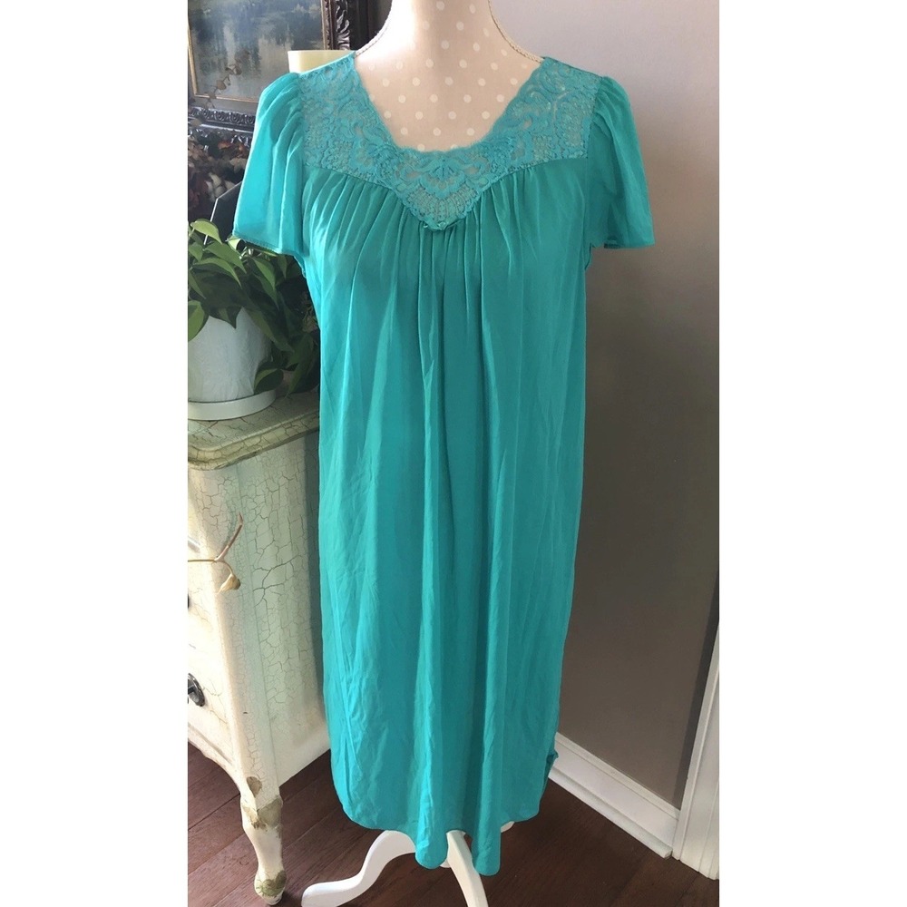 Vintage Shadowline Gown Turquoise Nylon Nightgown Lace Bow Flutter Sleeve Medium